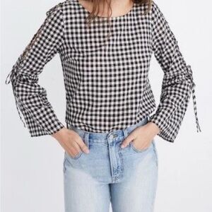 Madewell Black & White Gingham Braided Sleeves Blouse